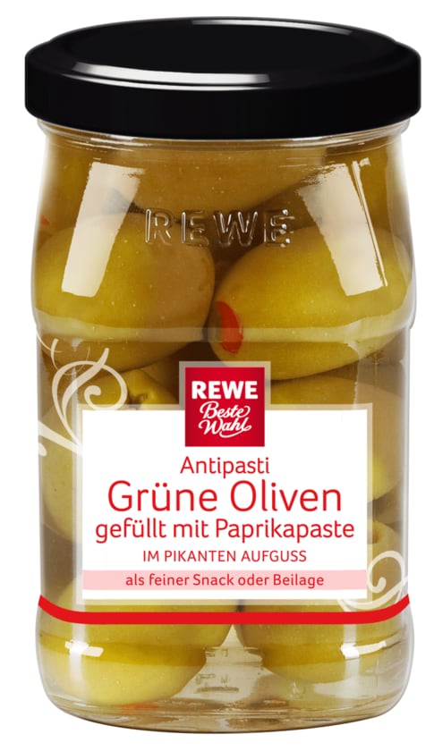 REWE Beste Wahl Grüne Oliven gefüllt mit Paprikapaste 150g